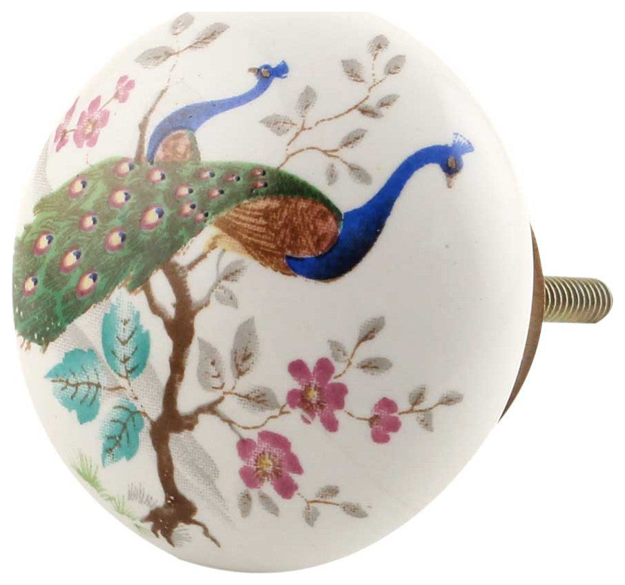 Set of Four Ornate Peacock Print Ceramic Cabinet Knobs