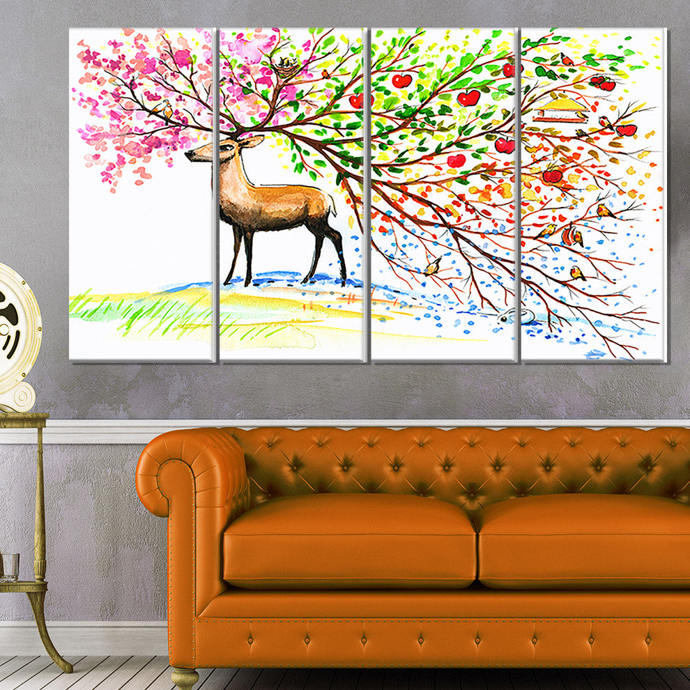 Deer with Beautiful Horn, Abstract Canvas Art Print, 48"x28", 4 Panels