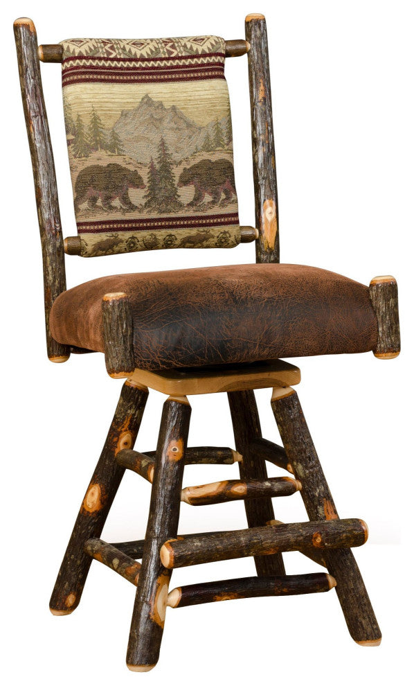 Hickory Log Straight Back Swivel Barstool with Faux Brown Leather Seat, Set of 2, 30 Inch, Bear Mountain