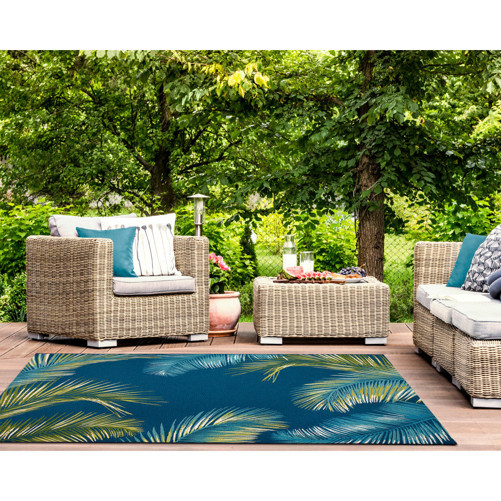 Marina Palm Border Indoor/Outdoor Rug, Navy, 6'6"x9'3"