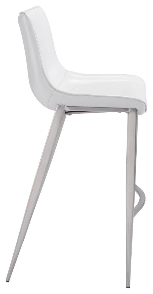 Set of Two White Faux Leather and Steel Modern Stitch Bucket Bar Chairs
