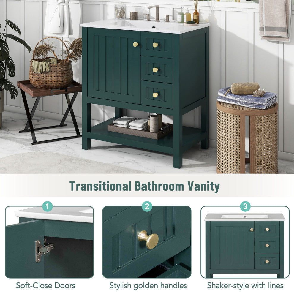 30 Inch Transitional Style Bathroom Vanity Cabinet Combo with Ceramic Sink, Green