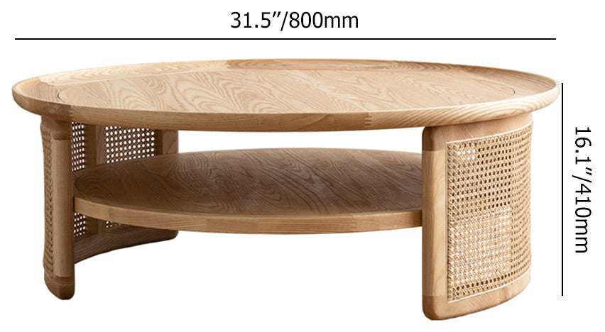 2-Tiered Japandi Round Wood Coffee Table With Rattan Base
