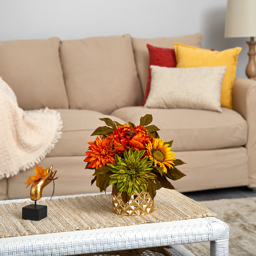 11" Peony, Dahlia and Sunflower Artificial Arrangement, Gold Vase