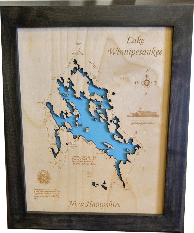 Lake Winnipesaukee, New Hampshire-Wood Lake Map, Small Framed