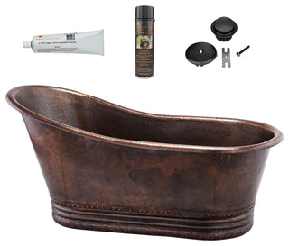 67" Hammered Copper Single Slipper Bathtub & Drain Package
