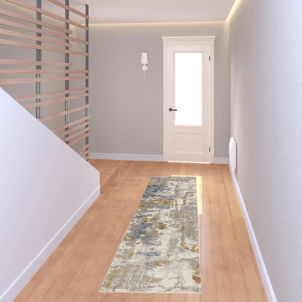 8' Beige Grey Gold Blue Rust And Teal Abstract Power Loom Runner Rug With Fringe