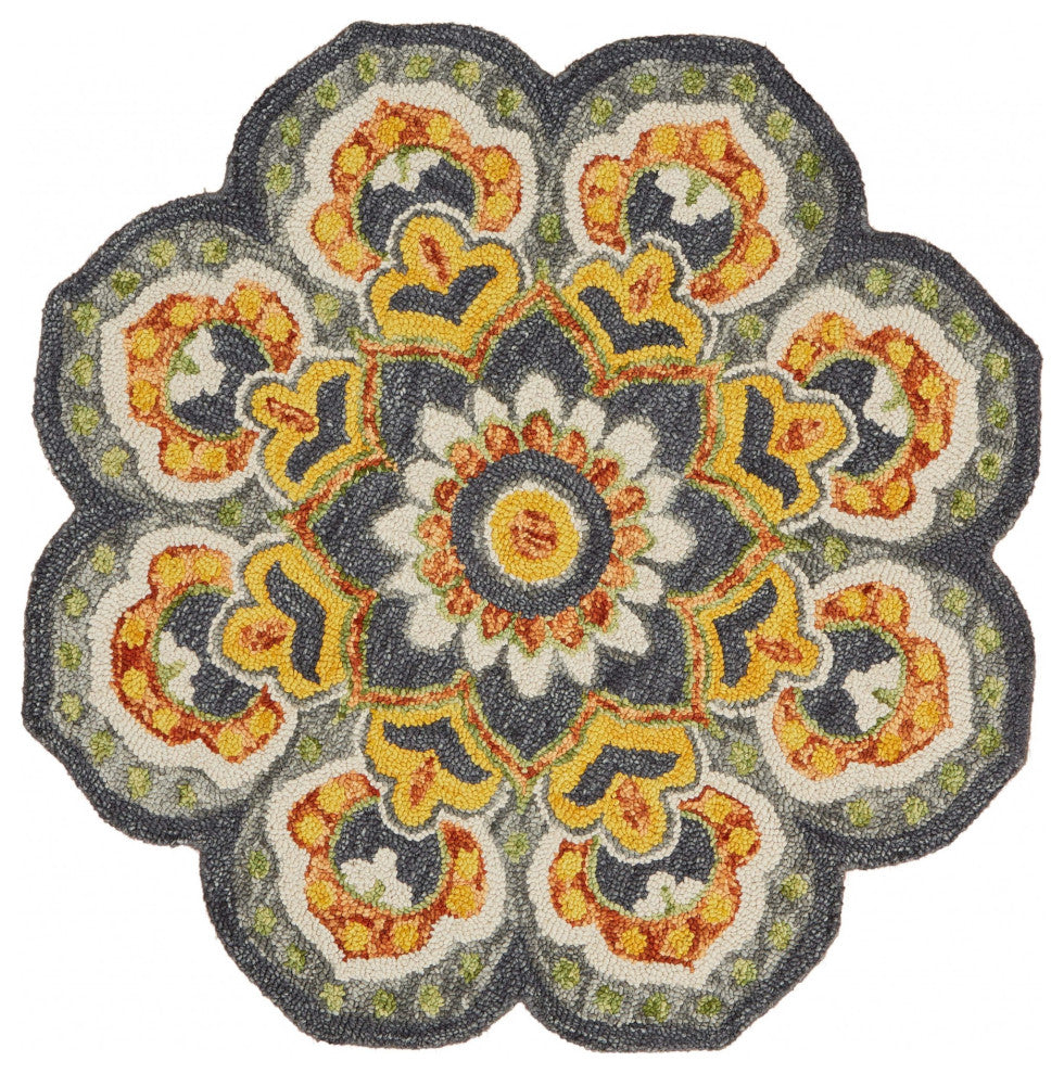 4' Round Gray And Gold Floret Area Rug