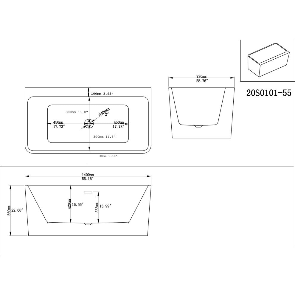 Acrylic Freestanding Flat Bottom Soaking Bathtub in White, 55*28"