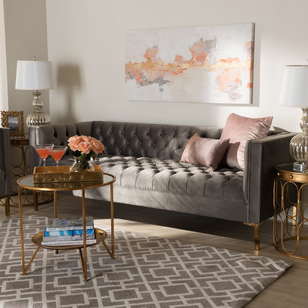 Davy Glam and Luxe Gray Velvet Gold Finished Sofa