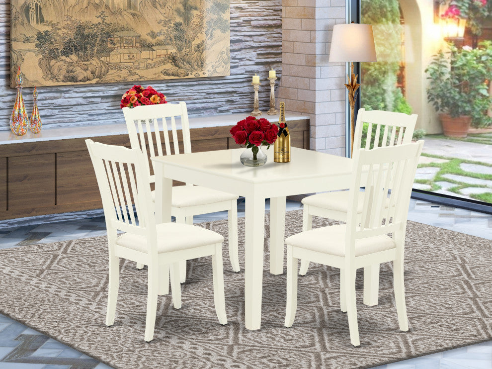 5Pc Dining Set, Square Table, Four Linen Seat Chairs, Linen White