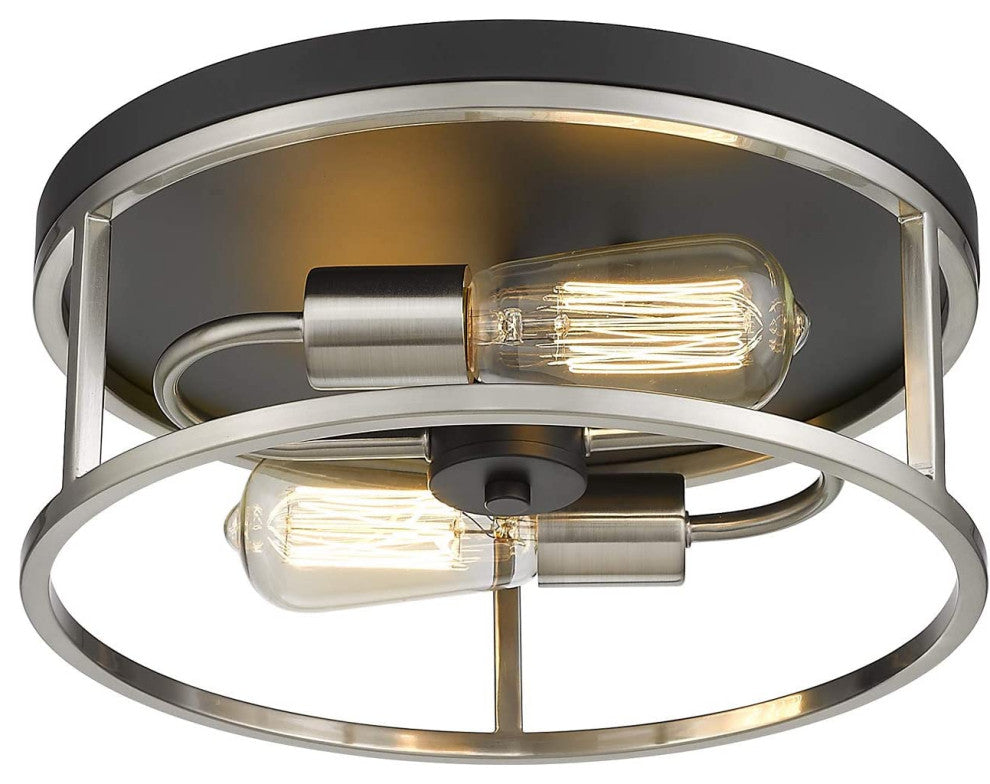 2 Light Flush Mount Ceiling Light, Round Cage, Black