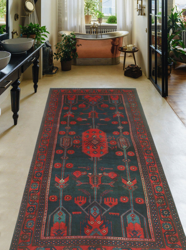 Fine Vintage Distressed Hud Charcoal/Red Rug, 4'9x9'4