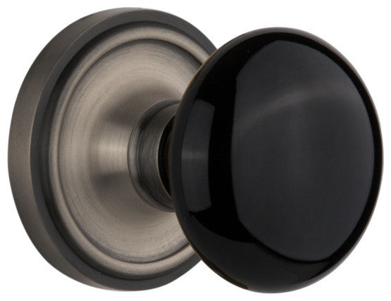 Classic Rosette Privacy Black Porcelain Knob, Antique Pewter