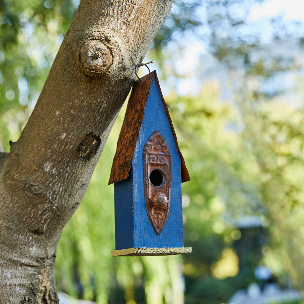 Retro Blue Distressed Solid Wood Birdhouse