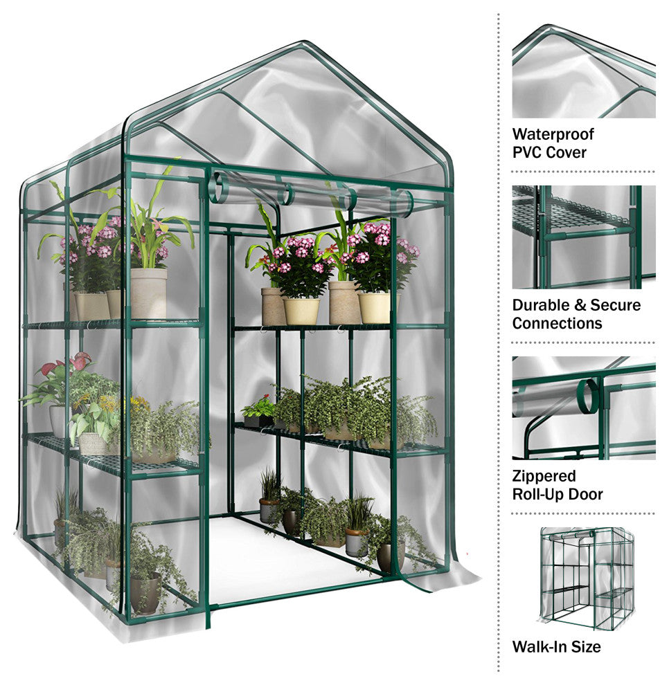 Walk-In Greenhouse Portable Green House With 8 Shelves and PVC Cover