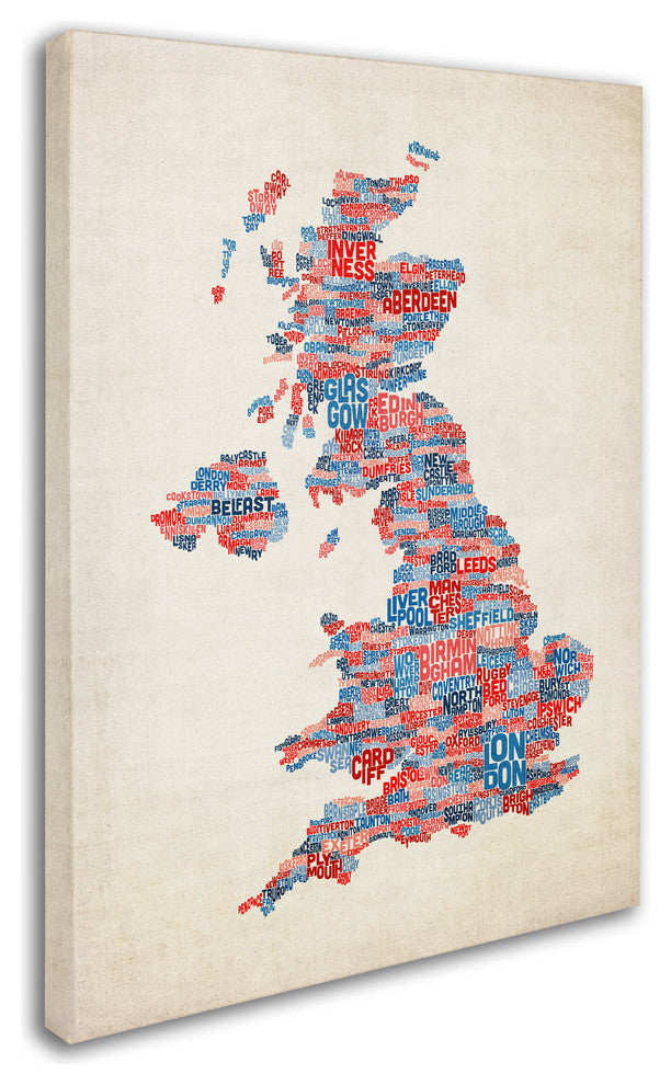 'UK Cities Text Map 2' Canvas Art by Michael Tompsett