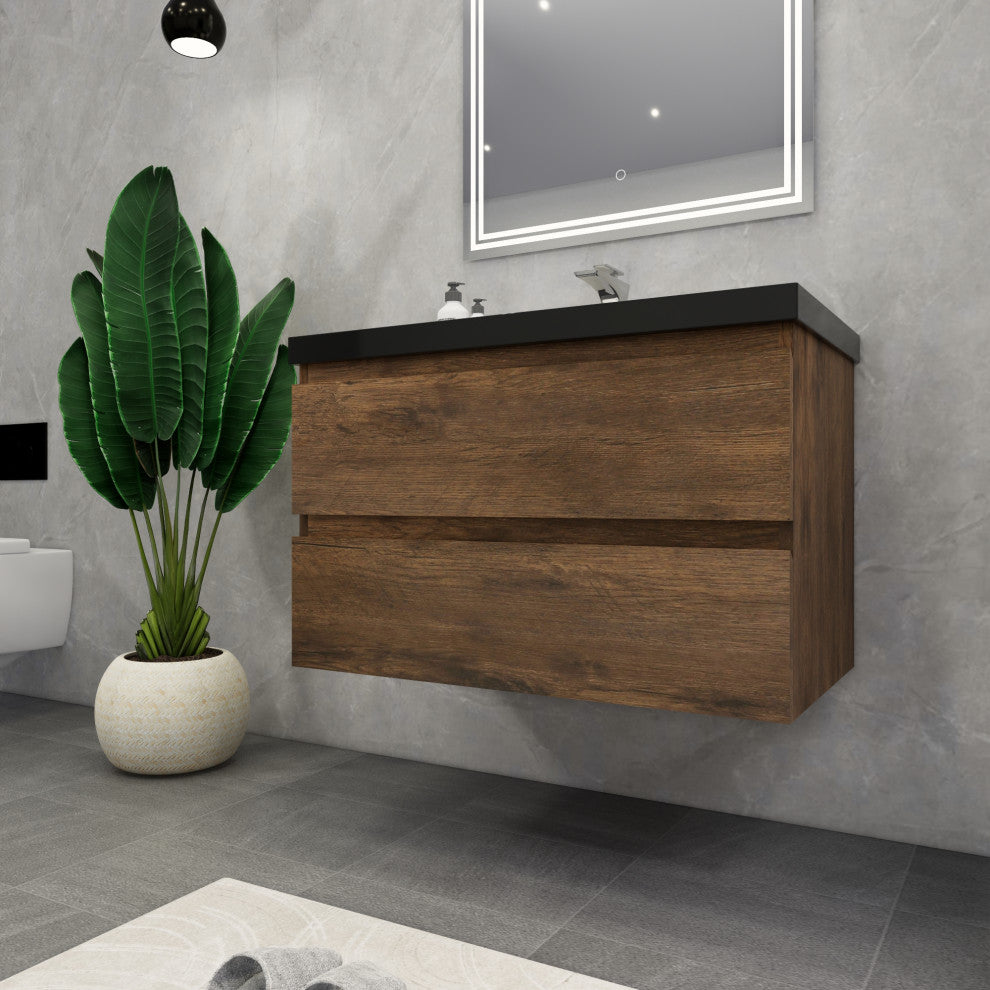 Belli 36" Wall Mounted Single Bathroom Vanity Set, Rosewood, Matt Black Top