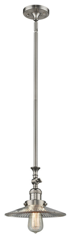 1-Light LED Halophane Mini Pendant, Brushed Satin Nickel, Clear Halophane
