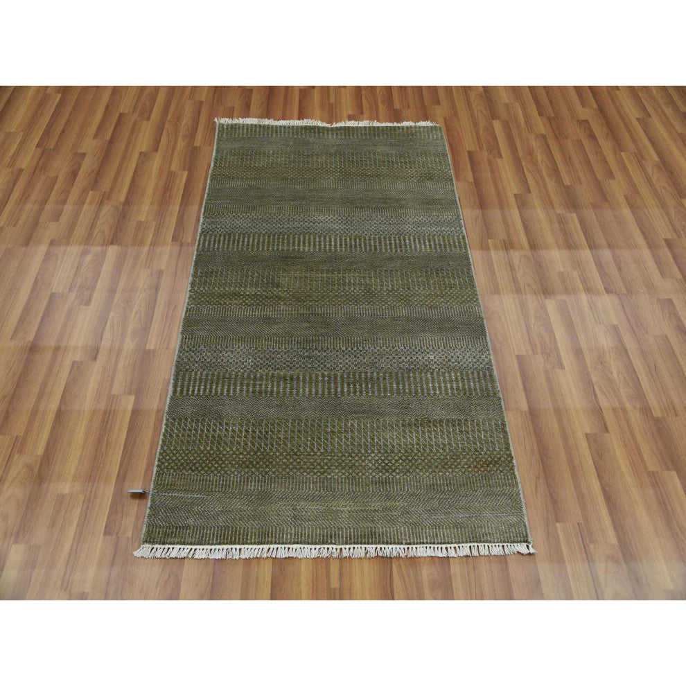 Golden Brown, Wool and Silk Hand Knotted, Grass Design, Rug, 3'0"x5'2"