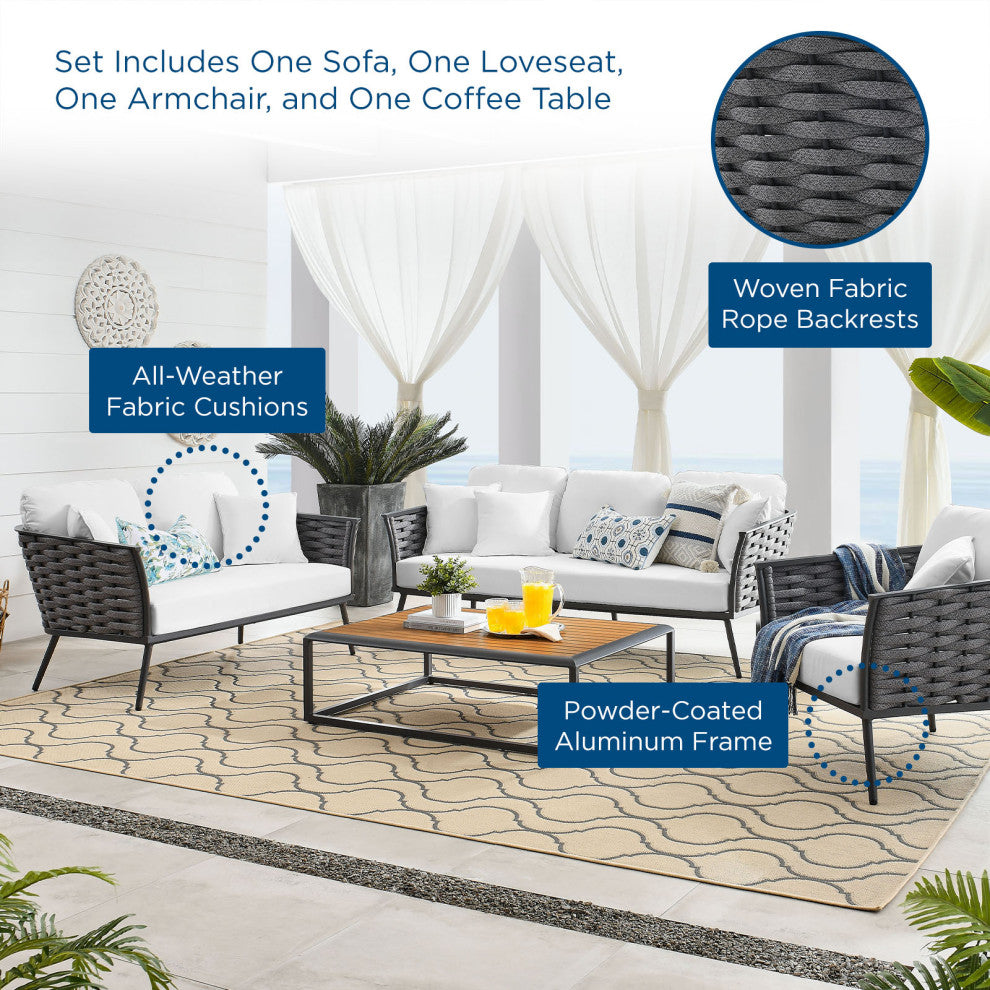 Lounge Sectional Sofa Chair Table Set, Aluminum, Modern, Outdoor, White