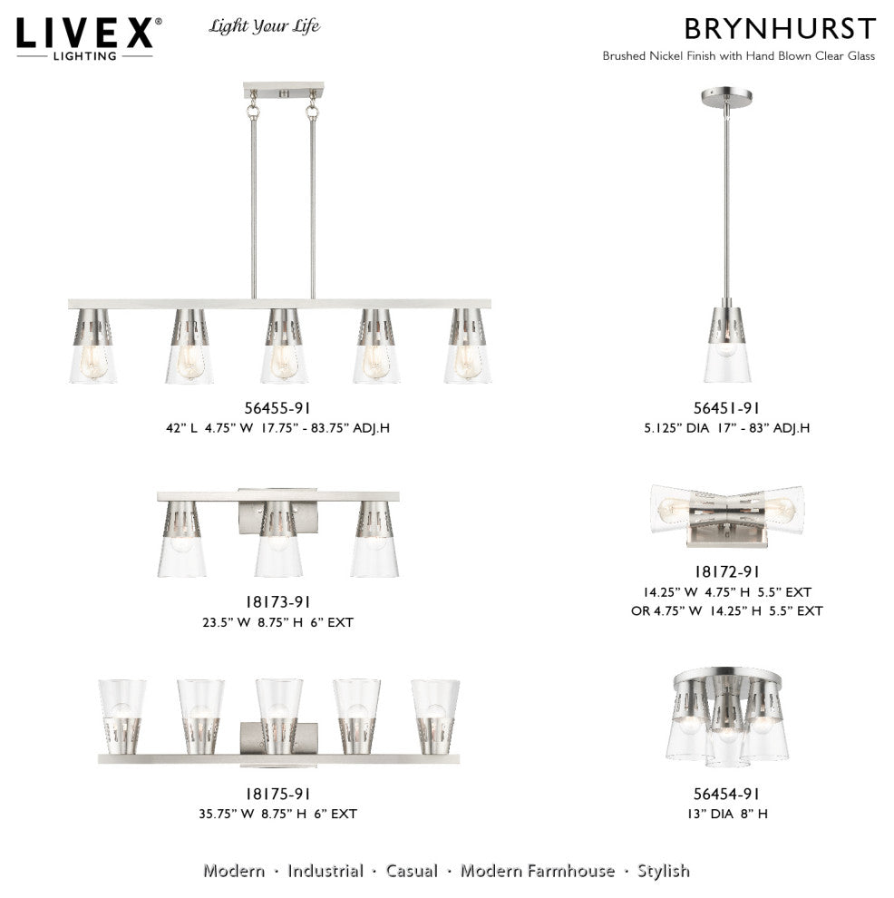 5 Light Brushed Nickel Large Linear Chandelier