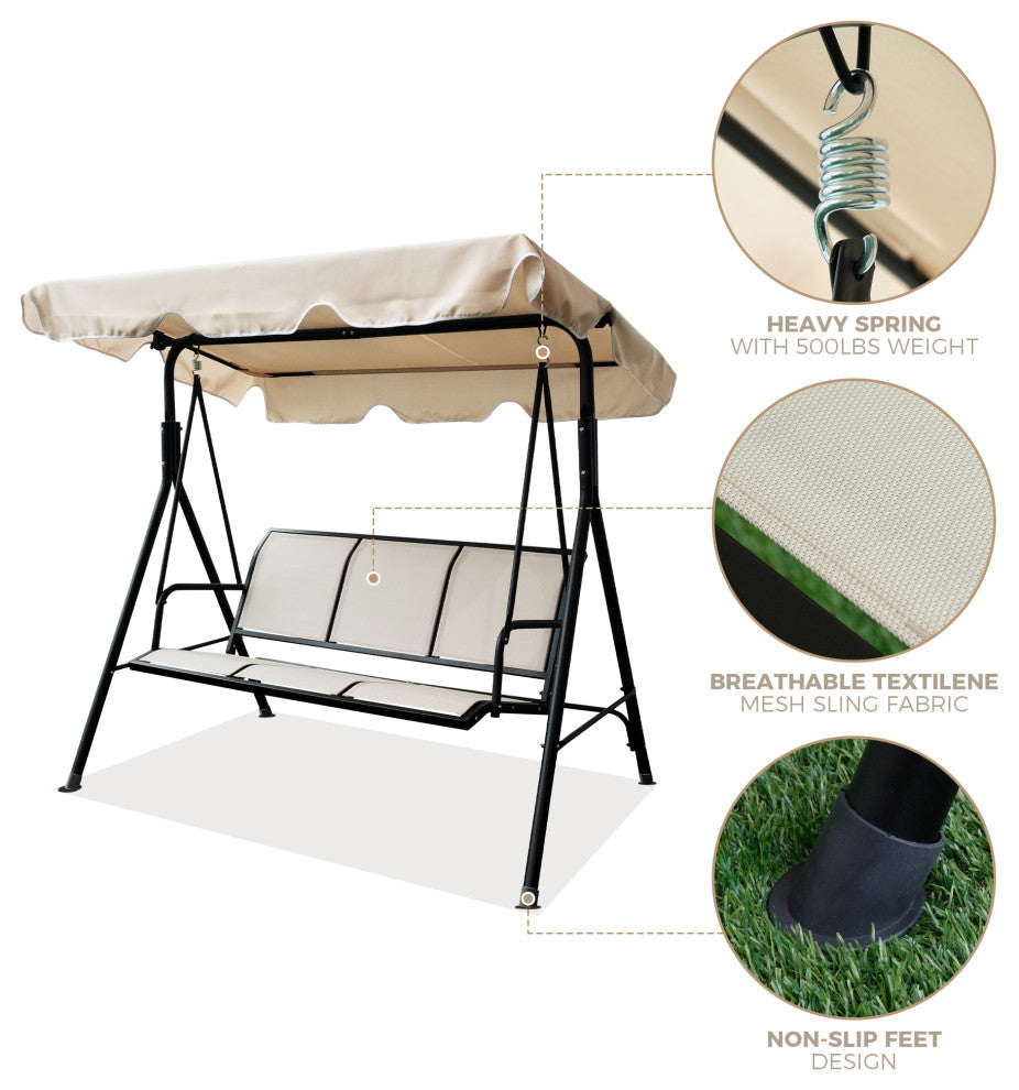 Outdoor Patio 3seater Metal Porch Swing Chair With Adjustable Canopy