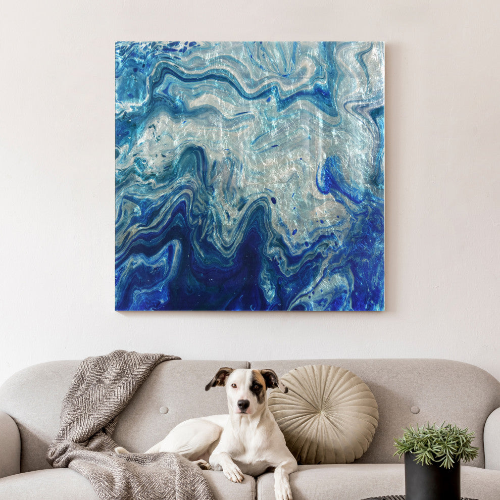 Indigo Minerals Abstract Wall Art Reverse Print Tempered Glass With Silver Leaf