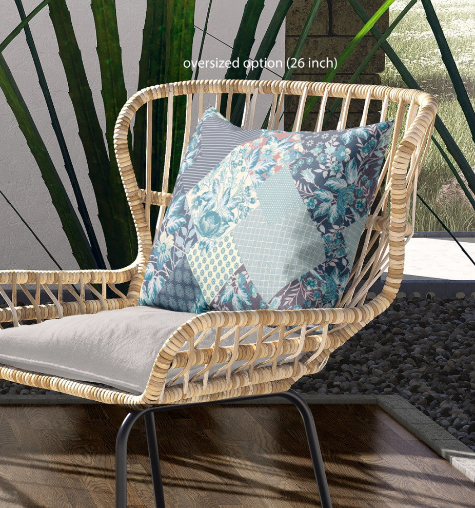 28" Aqua Navy Boho Floral Indoor Outdoor Throw Pillow