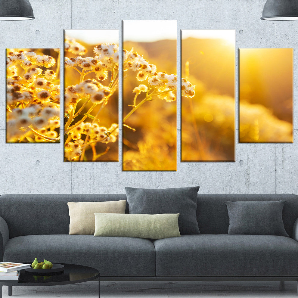 Bright Yellow Rural Garden Flowers, Floral Canvas Art Print, 60"x32", 5 Panels