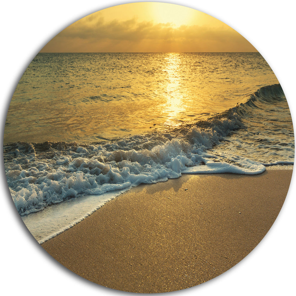 White Waves Under Yellow Sunset, Beach Disc Metal Wall Art, 36"