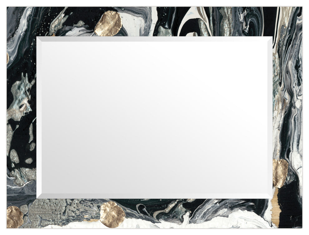 "Ebony and Ivory" Beveled Mirror on Printed Abstarct Tempered Art Glass, 40x30"