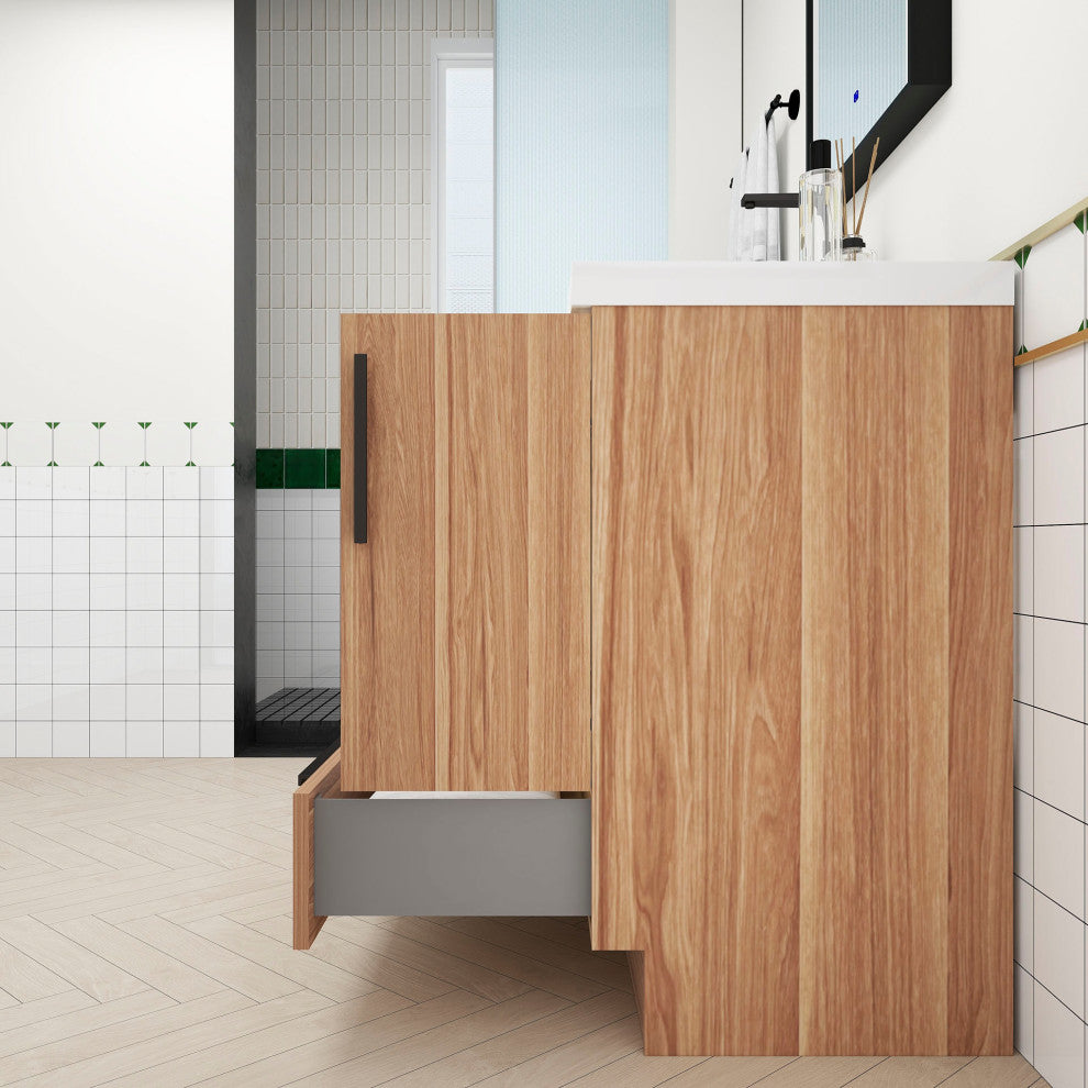 Carla 36" Freestanding Bathroom Vanity With Left Side Drawers, White Oak