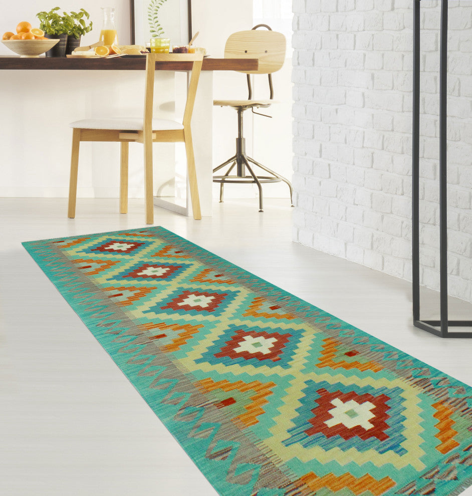 Sangat Kilim Jaxon Light Green/Gold Runner, 2'8x9'6