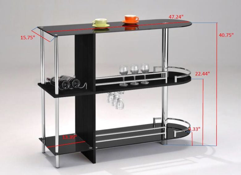 Roland Modern Pub Bistro Bar Table With Tempered Glass Shelves, Black