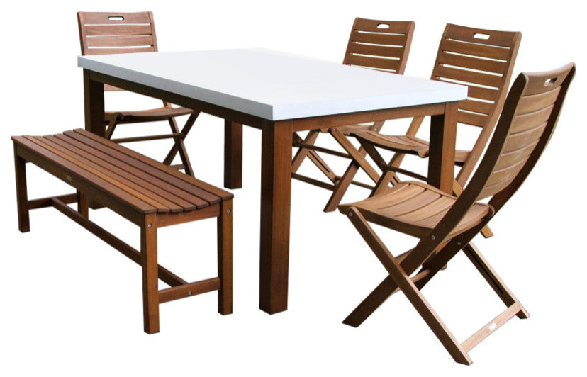 6-Piece Eucalyptus and Ivory Composite Dining Set With Folding Chairs