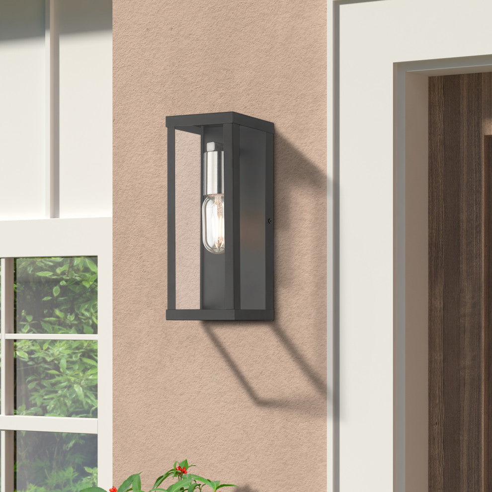 Gaffney 1-Light Black Outdoor ADA Medium Wall Lantern, Brushed Nickel Accents