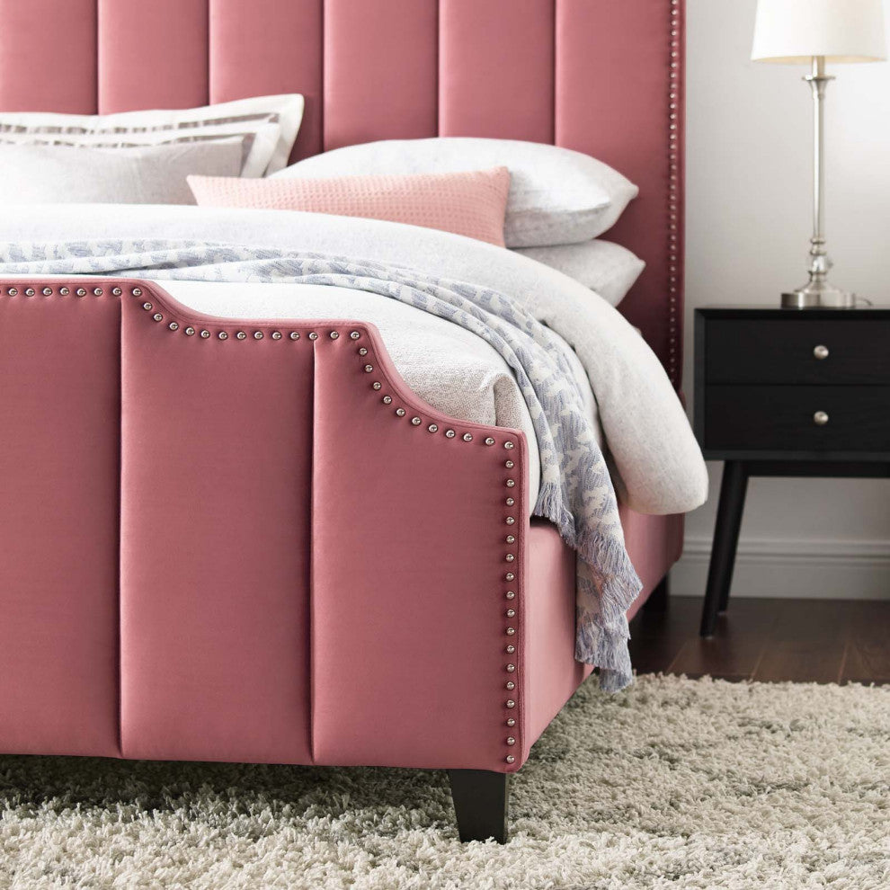 Platform Bed Frame, Queen Size, Velvet, Pink, Modern Contemporary, Bedroom