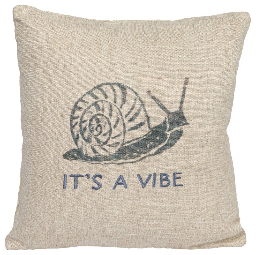 16" Square Linen Printed Pillow, Snail, "It''s a Vibe" Text Embroidery, Gray