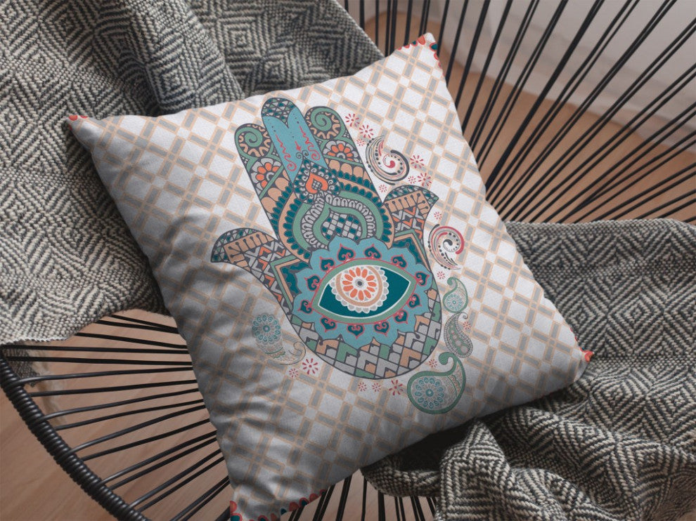 16 Blue Gray Hamsa Boho Suede Throw Pillow