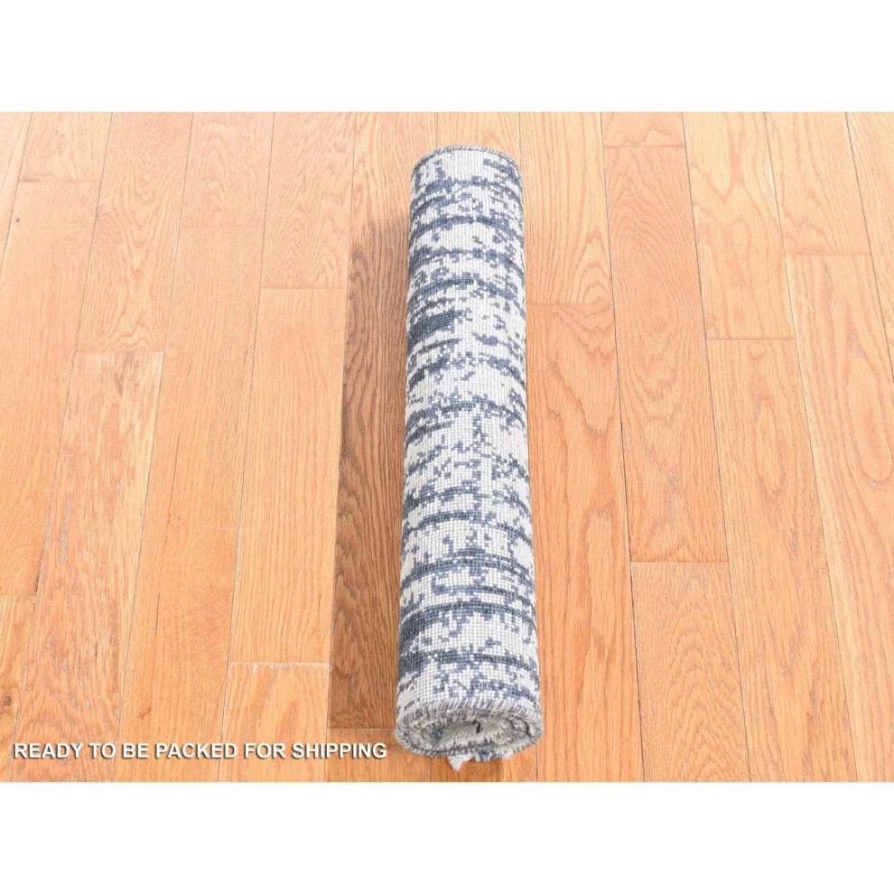 Ivory and Charcoal Black Wool Cardiac Design Modern Hand Knotted Rug, 2'0"x2'4"