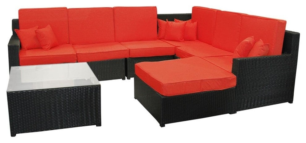 8-Piece Wicker Sectional Sofa, Table and Ottoman Set With Cushions, Red