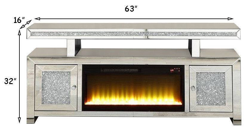 Benzara BM262195 Mirrored TV Stand With LED Fireplace and Remote, Silver