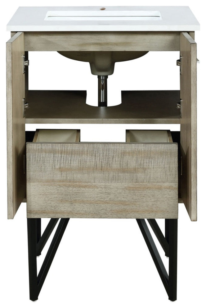 Lancy 24" Rustic Acacia Bathroom Vanity, White Quartz Top, And White Square Sink