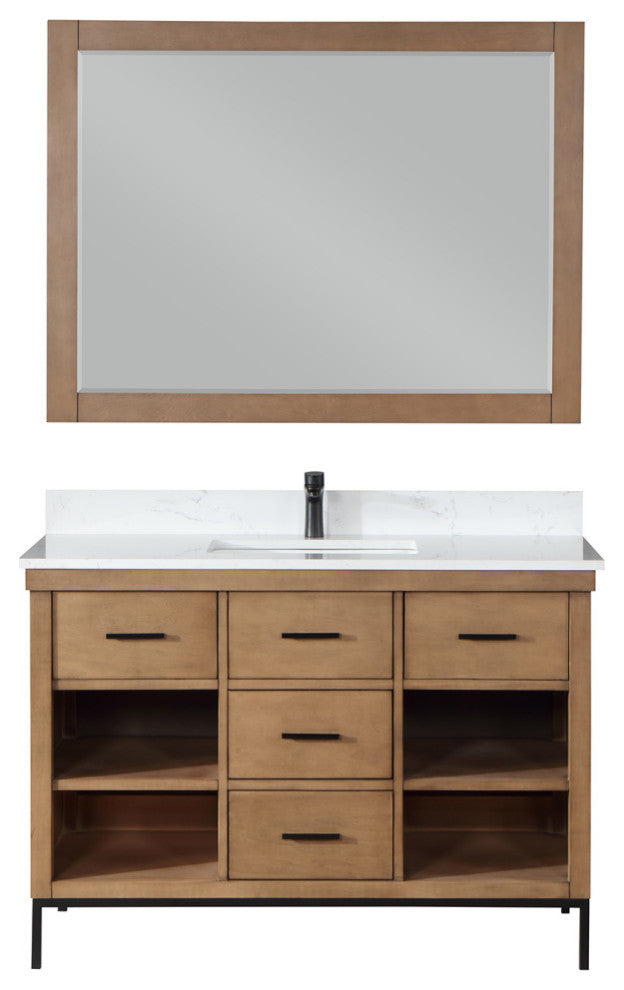 Kesia Brown Pine Bathroom Vanity Set, 48", With Mirror
