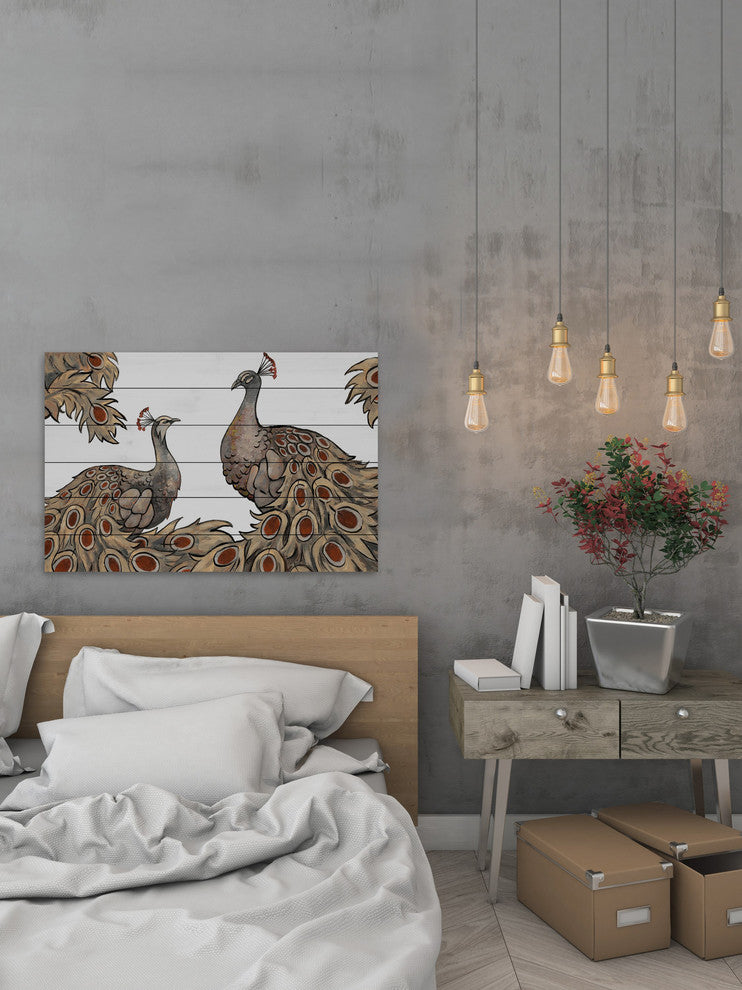 "Peacock Partner III" Painting Print on White Wood, 24"x16"