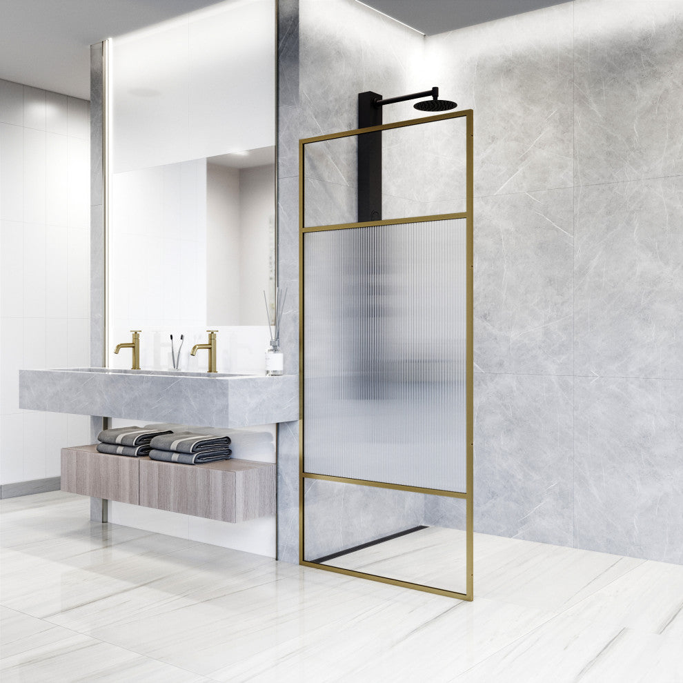 VIGO Essex 34" W x 74" H Framed Fixed Shower Screen with Fluted Glass, Matte Brushed Gold