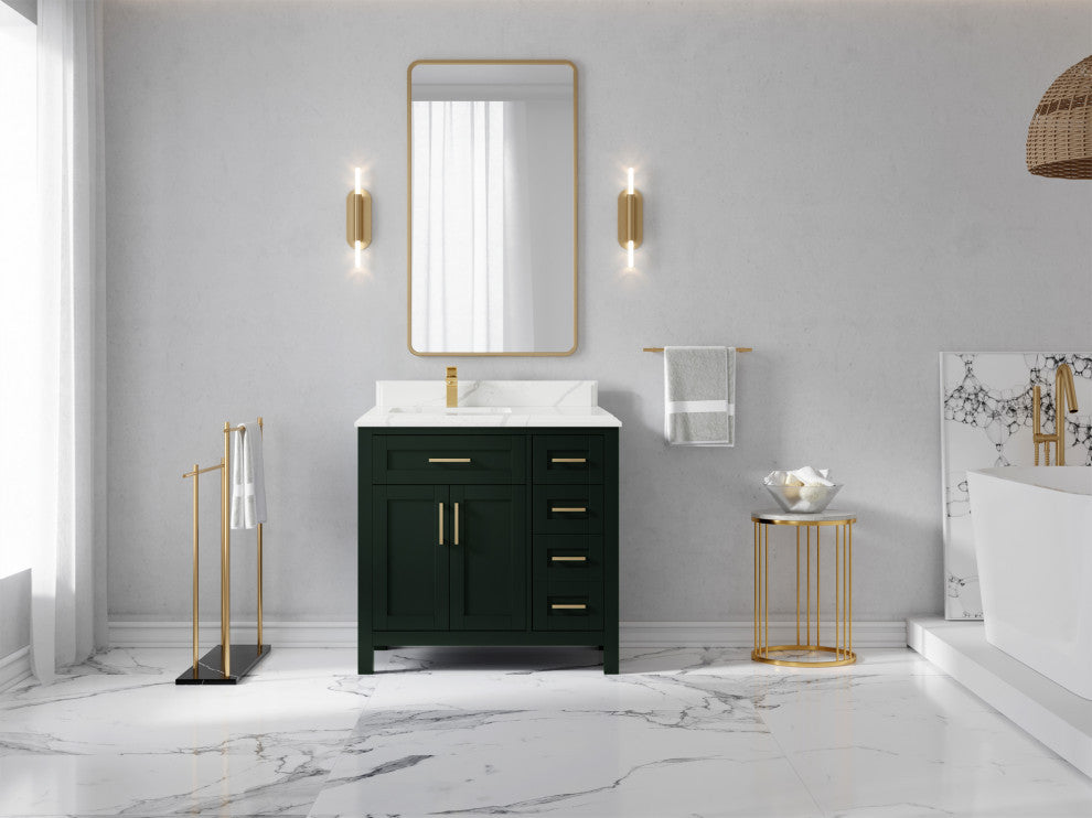 Cambridge 36 Left Offset Bath Vanity in Dark Forest Green 1.5" Calacatta Laza