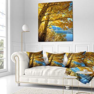 Bright Yellow Autumn Tree Landscape Printed Throw Pillow, 16"x16"