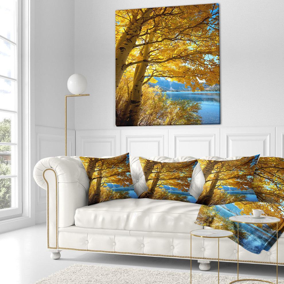 Bright Yellow Autumn Tree Landscape Printed Throw Pillow, 16"x16"